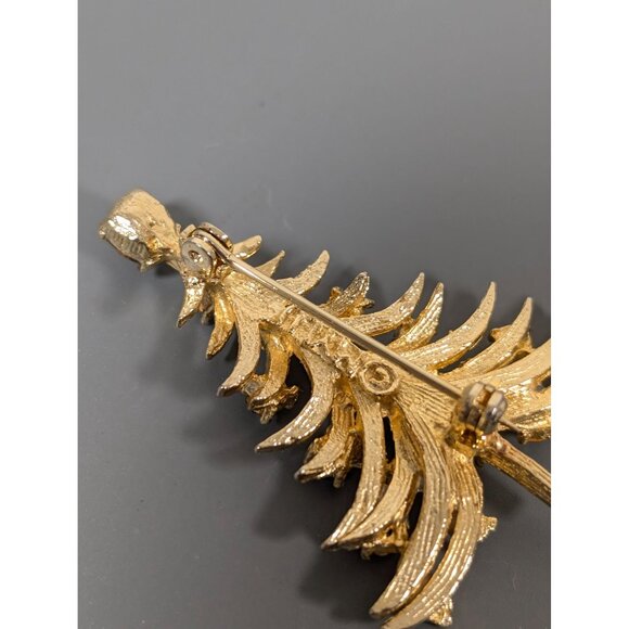 Vintage MYLU Christmas Tree Brooch Red Green Rhinestone Signed Gold Tone - Picture 5 of 6